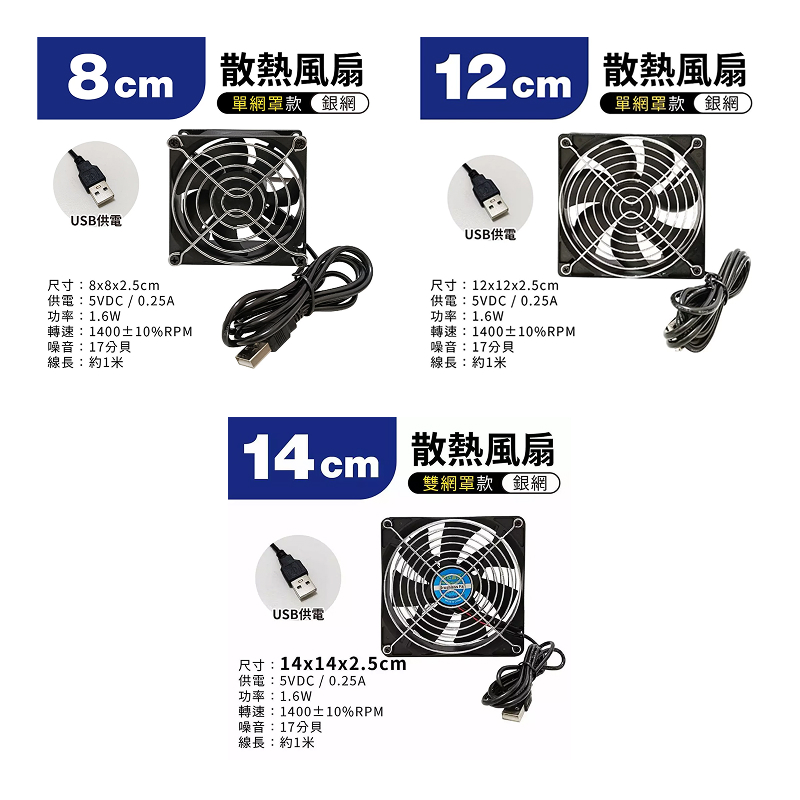 USB 超靜音非充電型散熱風扇 (無網罩 / 單網罩 / 雙網罩)